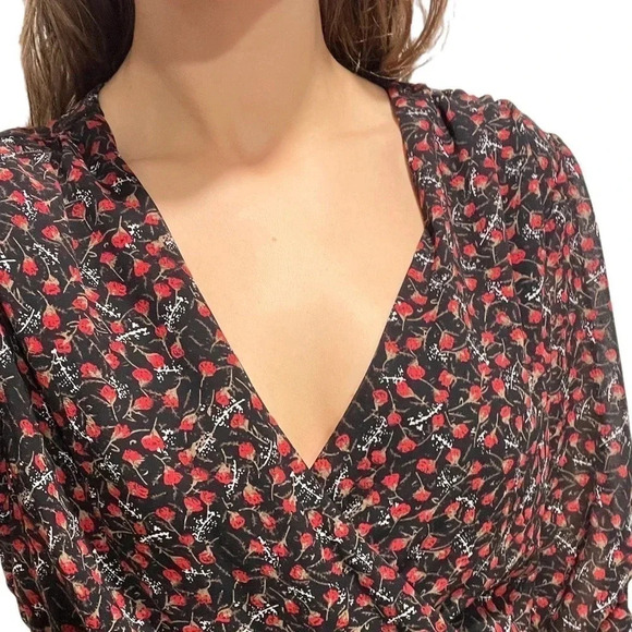 ACOA Black Red Floral Wrap Dress Ruched Sleeves L Gothic Witchy Whimsigoth Vamp - Picture 4 of 9